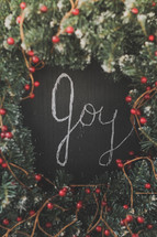 Joy written on a chalkboard inside a wreath