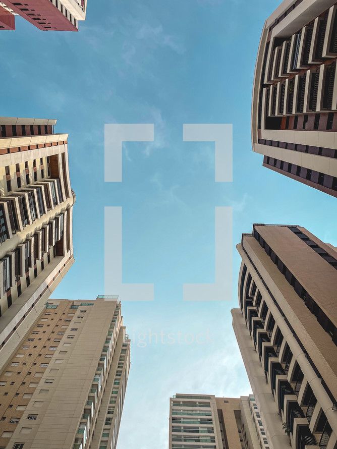 A view from under, looking at a view tall buildings, in Tatuape, Sao Paulo, Brazil.