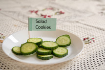 Salad cookies sign on cucumbers 