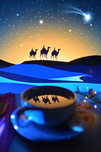 Image of wise men on camels reflected in tea