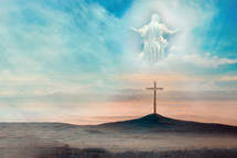 Jesus Christ in clouds of heaven over cross - ascension Christ return. Second coming of Christ. Shining cross on Calvary hill, sunrise, sunset sky background. Ascension day concept. Christian Easter