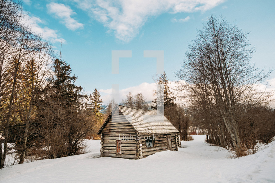 Log cabin in a snowy woods.