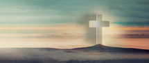 Silhouette of christian cross on mountain hill background. Copy space. Faith symbol. Church worship, salvation concept. Faith symbol in Jesus Christ. Holy cross for Easter day.