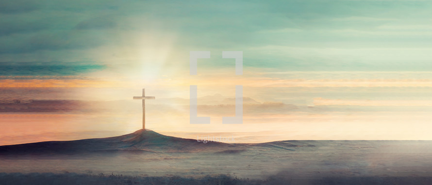 Silhouette of christian cross. Copy space. Faith symbol. Church worship, salvation concept. Faith symbol in Jesus Christ. Holy cross for Easter day. Christianity