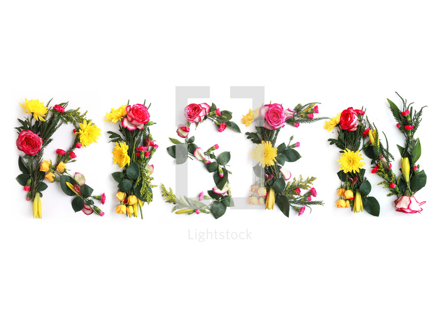 Easter Stock Photography.  RISEN illustrated using real flowers. 