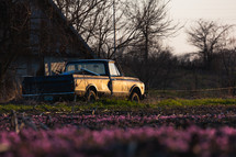 An old truck in the sunset.
