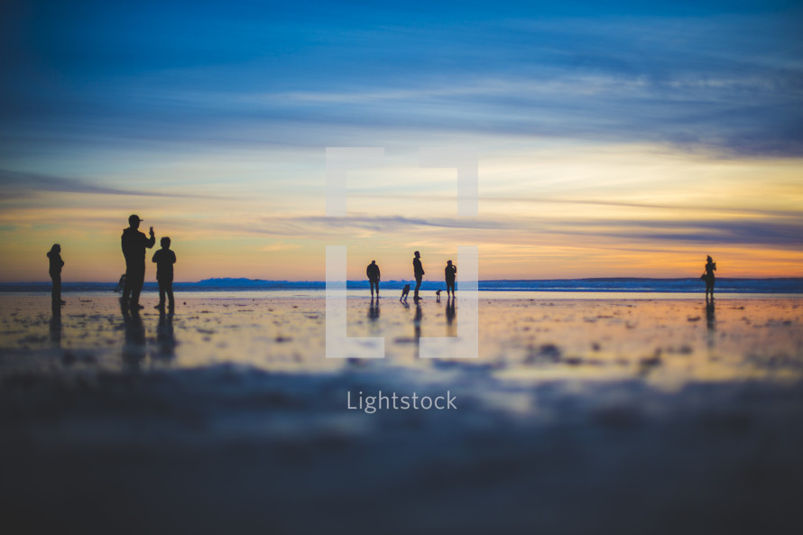 people standing on a beach at sunset 