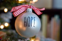 word Hope on Christmas ornament 