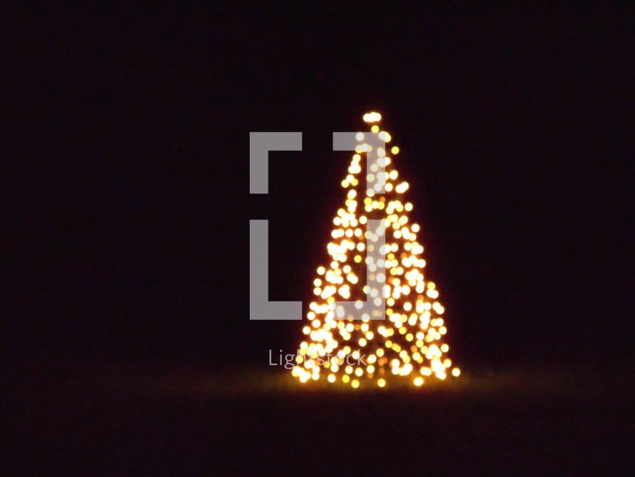 A festive Christmas tree covered in white lights brings a warm glow to the cool nights as people celebrate the glory of Christmas. 