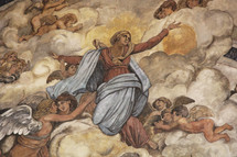 painting of Mary and angels in the clouds 