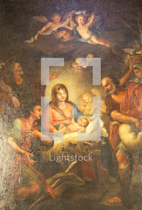 Painting of the nativity scene showing Mary, the baby Jesus, angels, Shepherds and Kings in adoration.