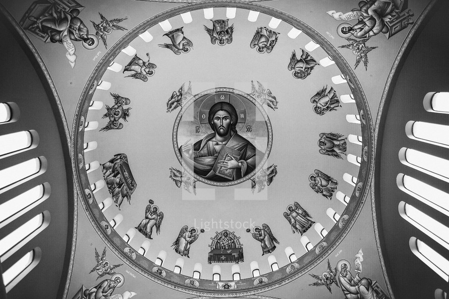 Dome painting of Jesus and the stations of the cross.