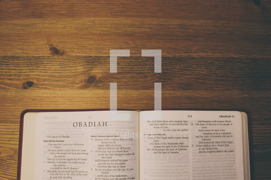 Bible on a wooden table open to the book of Obadiah.