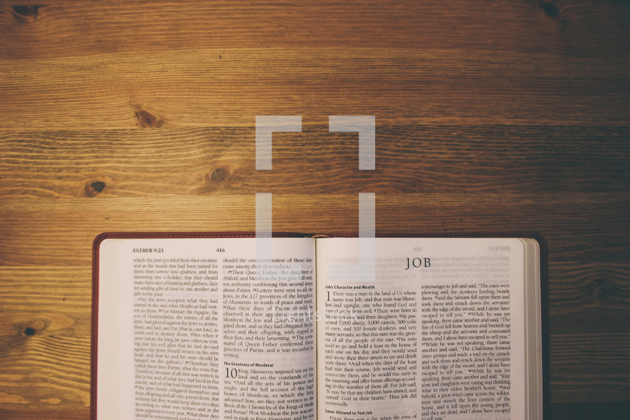Bible on a wooden table open to the book of Job.