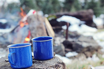 Blue tin cups on a stump by a campfire.
