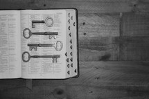 skeleton keys on the pages of a Bible 