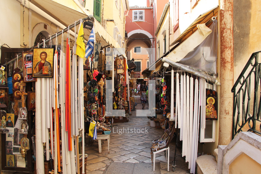 Greek market place selling religious icons and candles