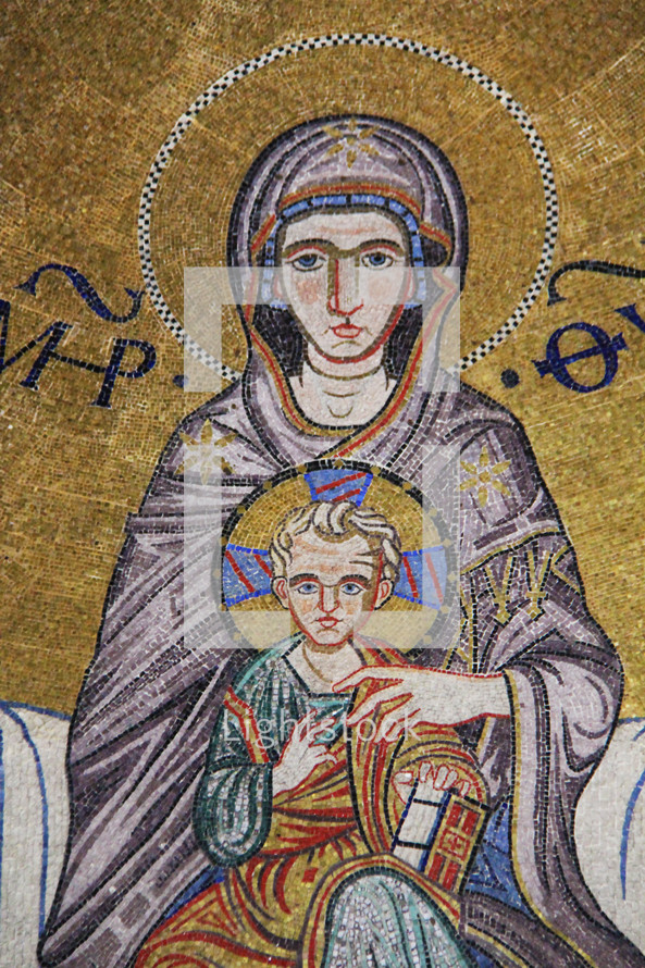Tile mosaic of Mary and baby Jesus 