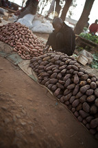 A man standing near potatoes in a market. 