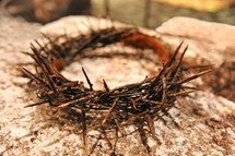 Bloody crown of thorns on a stone wall