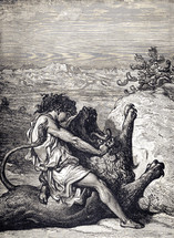 A painting depicting Samson fighting a lion.