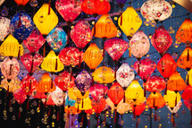 Lit Chinese lanterns in the evening