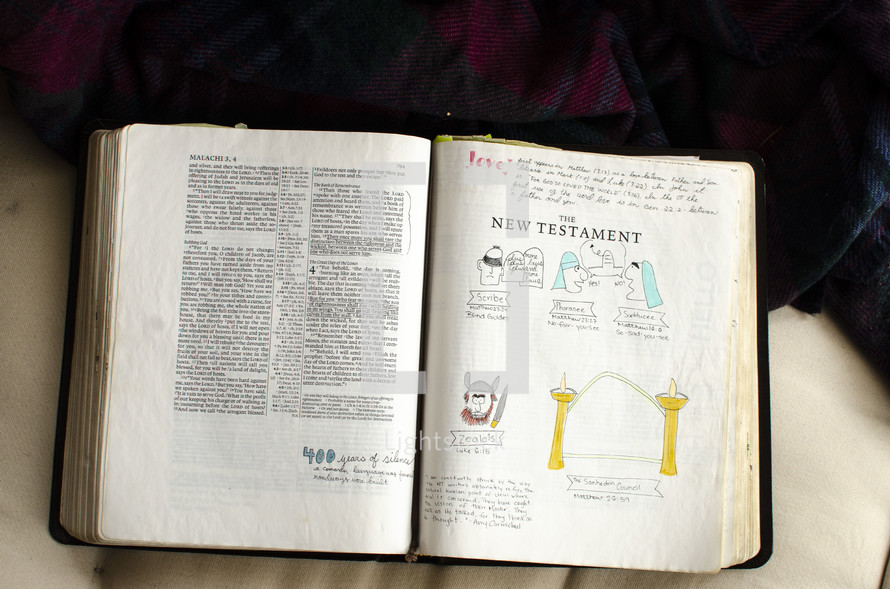 notes on the pages of the title page for the New Testament in a Bible 