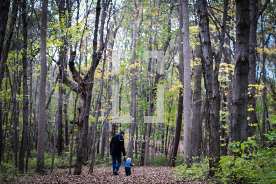 father and toddler son walking holding hands through fall leaves 