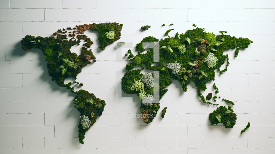 World map made of greenery on a white brick wall. 