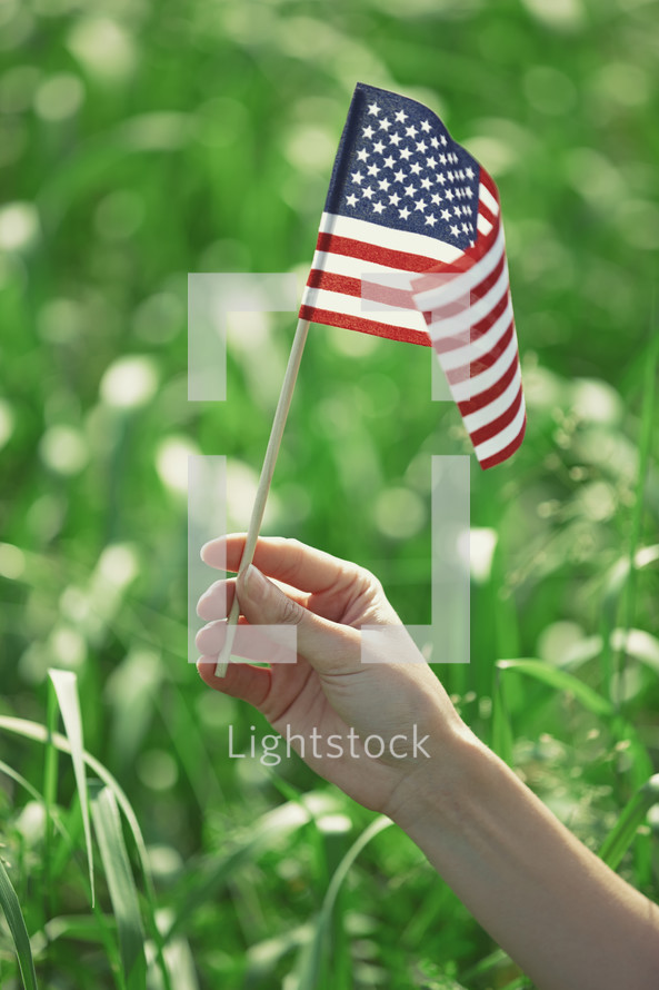 arm holding an American flag in a corn field 