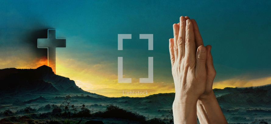Hands in pray against Easter cross and sunset landscape. Copy space. Shining cross on Calvary hill, sunrise sky background. Faith in Jesus Christ. Christianity. Church worship, salvation concept
