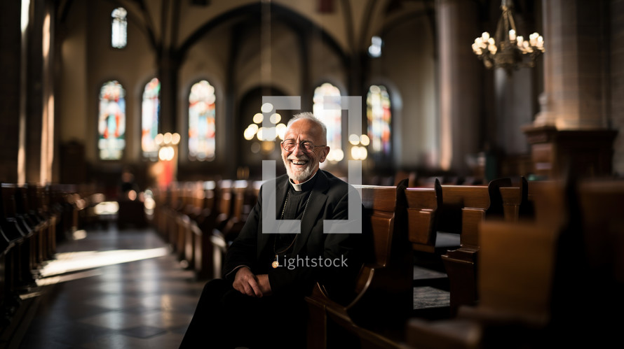 A happy catholic priest sitting on a bench in his congregation. 