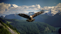 A bald Eagle flying over Alaska with a vast and wild nature below getting ready for spring.