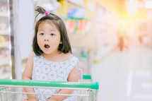 a little girl sitting in a shopping cart 