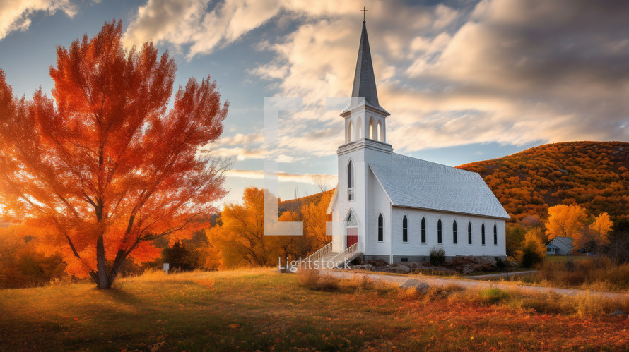 White wooden church in vibrant fall landscape