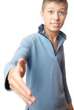 Handshaking boy on a white background as a symbol of friendship