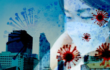 double exposure of a woman in a mask and city buildings with coronavirus 