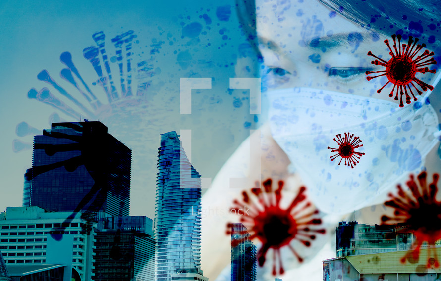 double exposure of a woman in a mask and city buildings with coronavirus 