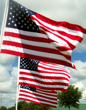 A row of three American flags flapping in the breeze on a clear sunny day against a blue sky with clouds and green trees.  