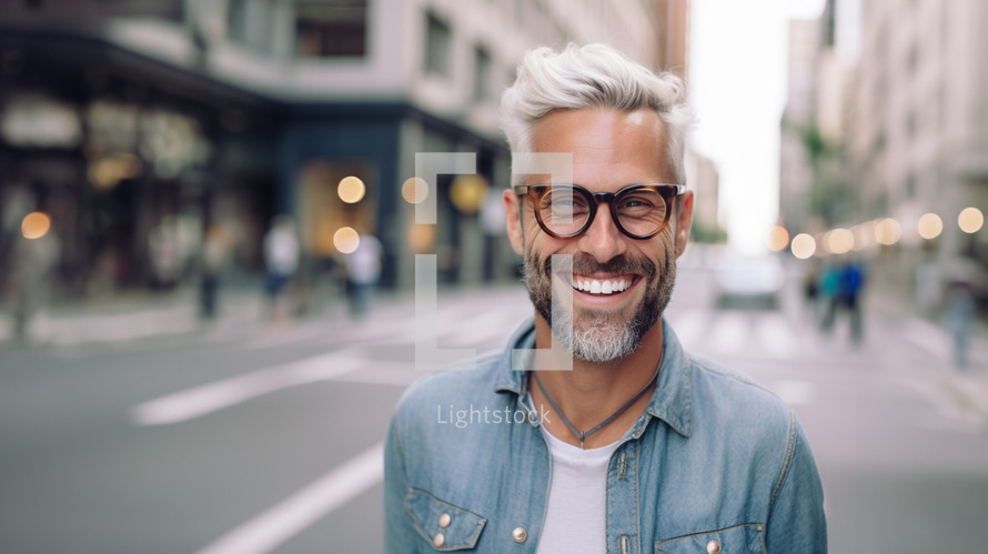 A smiling middle-aged man as a worship leader with a beard, glasses, and white hair standing in the street of a city during the day. 