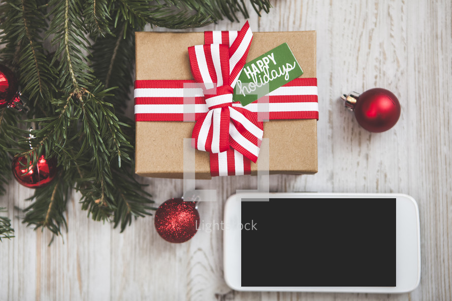christmas gift background with smartphone
