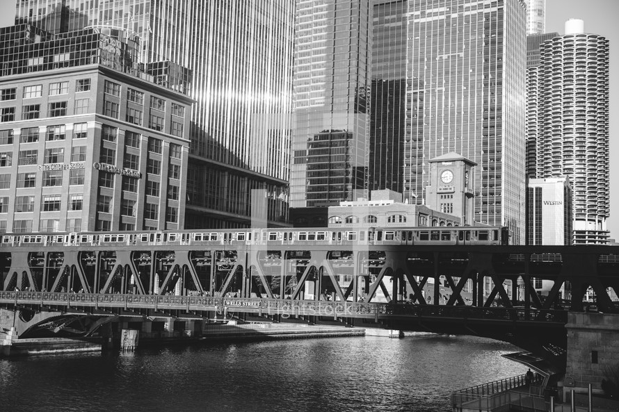 train on a bridge over water in Chicago 