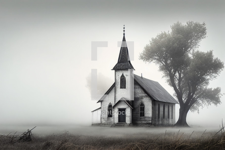 Old church in foggy setting