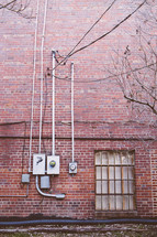 electricity, meters, power lines, power, wires, exterior, wall, window, bricks