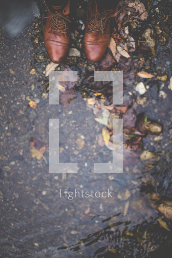 Boots standing on fall foliage in a shallow stream.