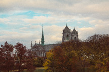 a cathedral and fall trees 