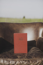 A Bible in a leather chair outdoors in a field at sunrise 