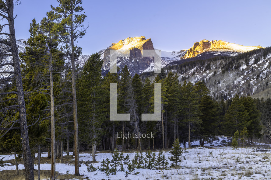 Sunrise on Hallett Peak in Rocky Mountain National Park located in Estes Park Colorado