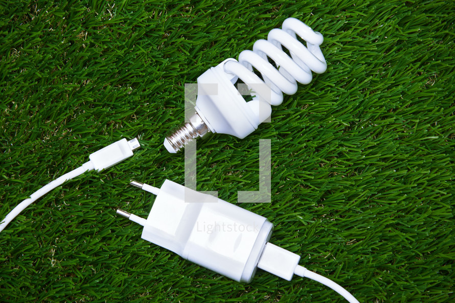 Energy saving bulb and electric plug in the grass