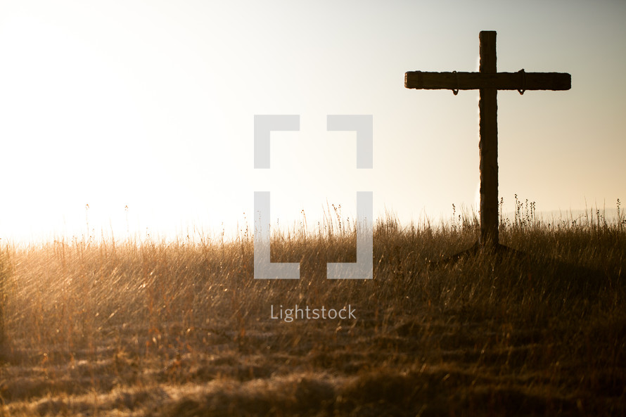 cross in a field at sunrise